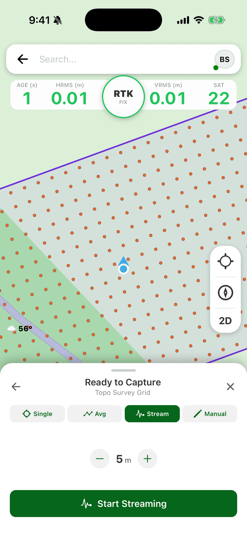 FastXY topo capture sheet in Stream mode: points drop automatically every 5 meters over a survey grid