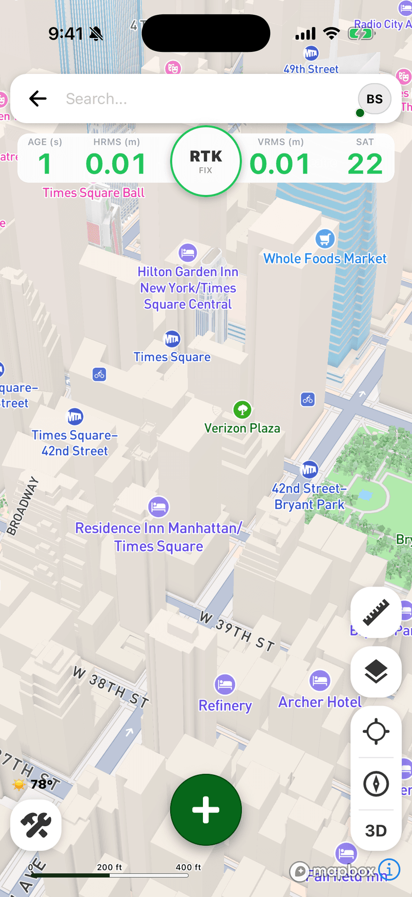 FastXY 3D basemap with extruded buildings, viewed at an oblique angle with a live RTK fix