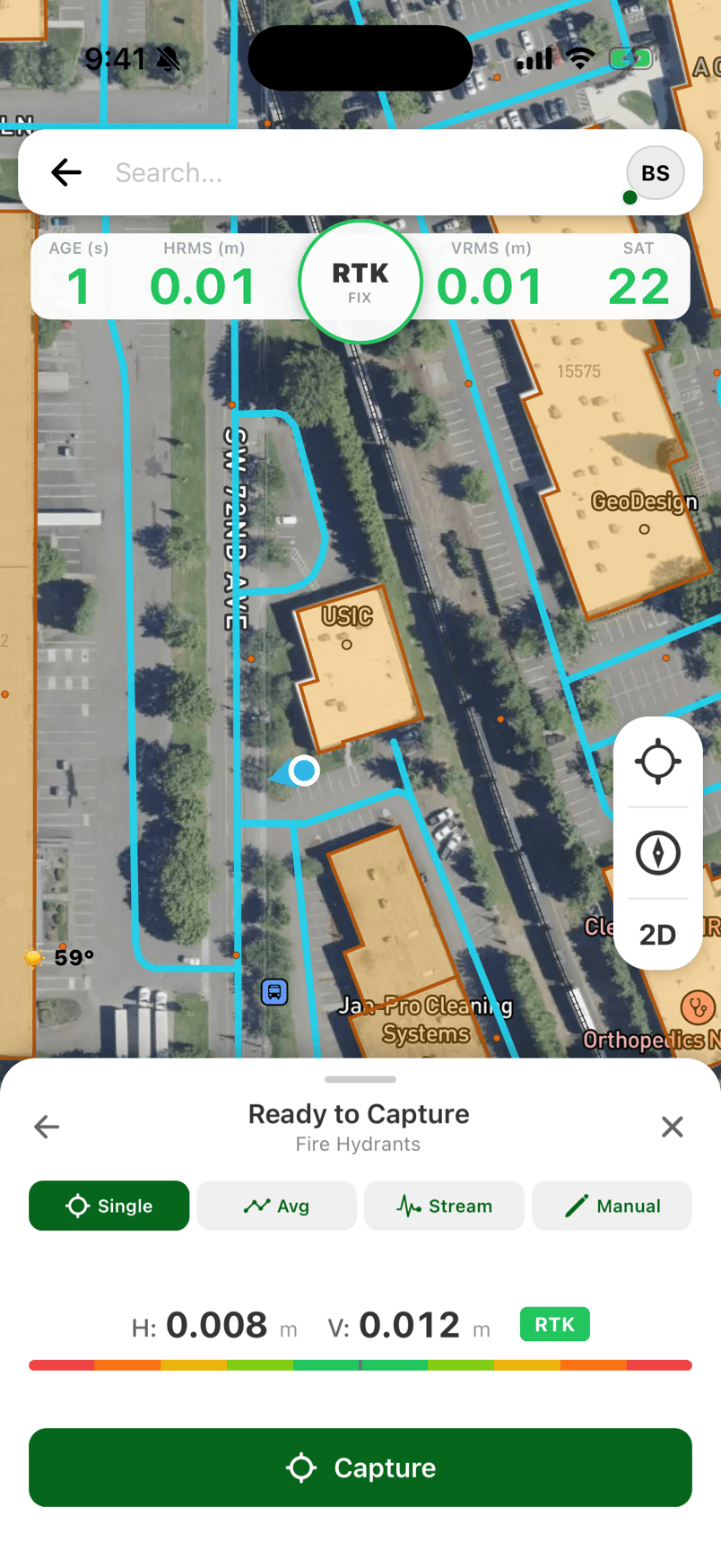 FastXY capture sheet: one-tap capture at 0.008 m horizontal accuracy with RTK Fixed