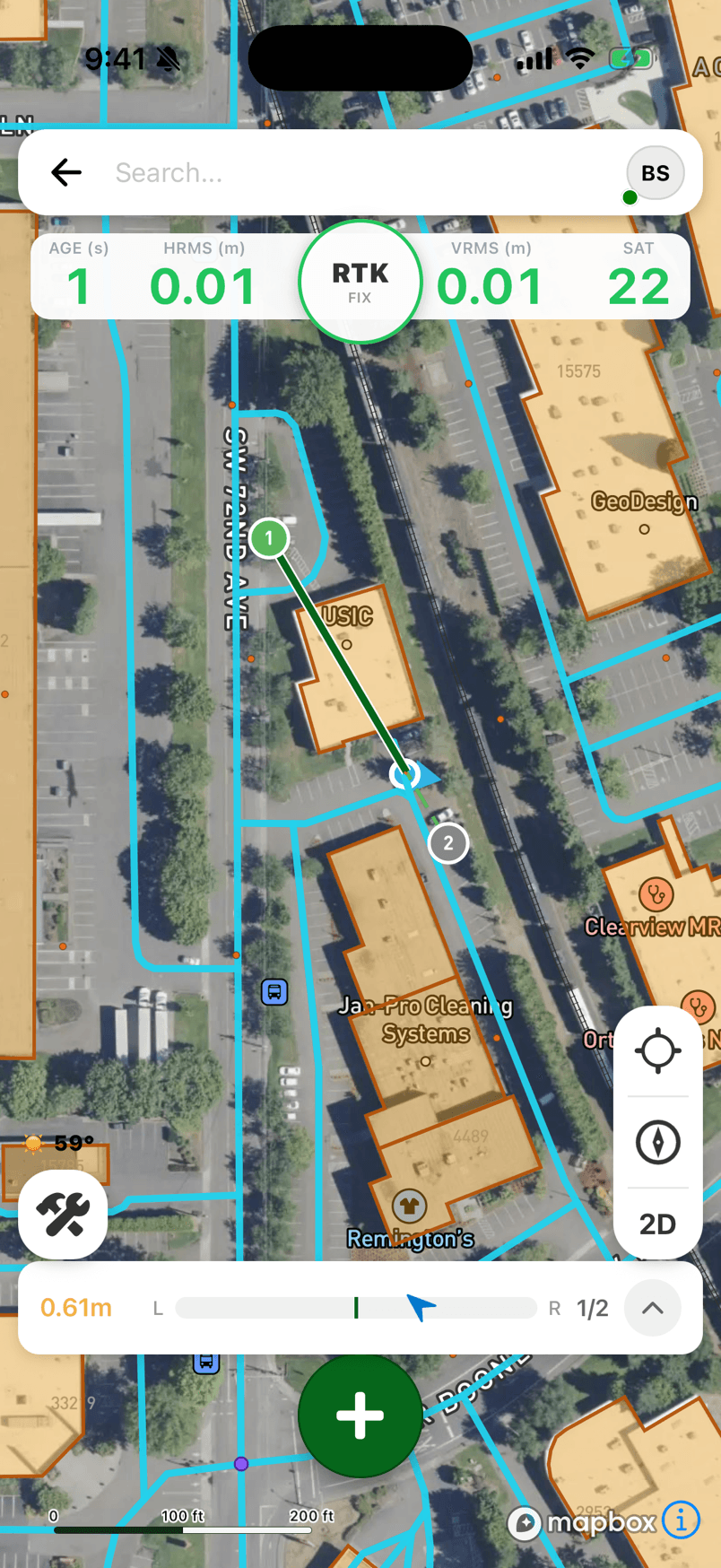 FastXY live cross-track navigation showing 0.61 m cross-track error