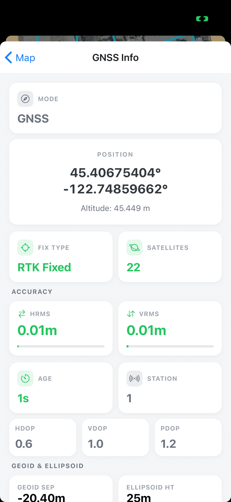 FastXY GNSS dashboard showing RTK Fixed, DOP values and geoid height