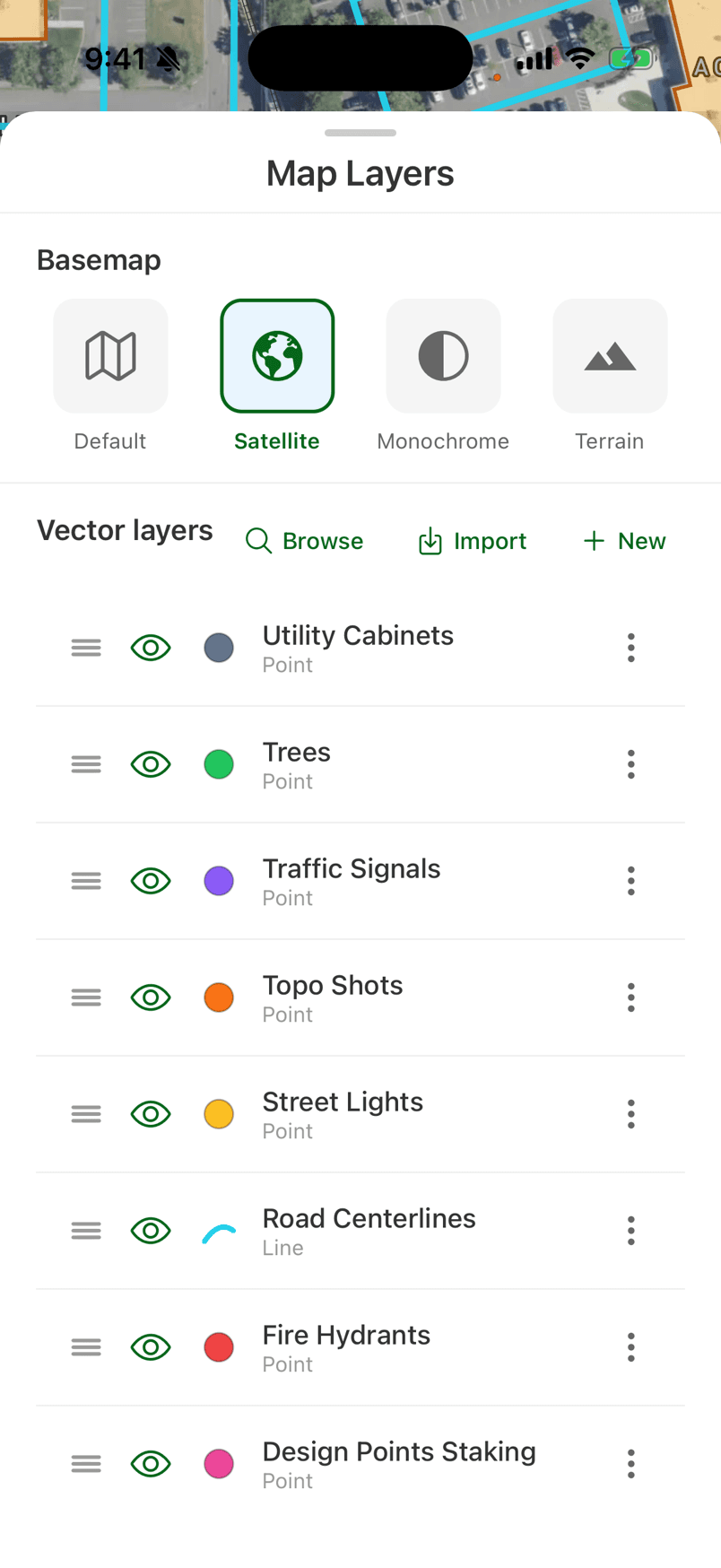 FastXY map layers panel with basemaps and colored data layers