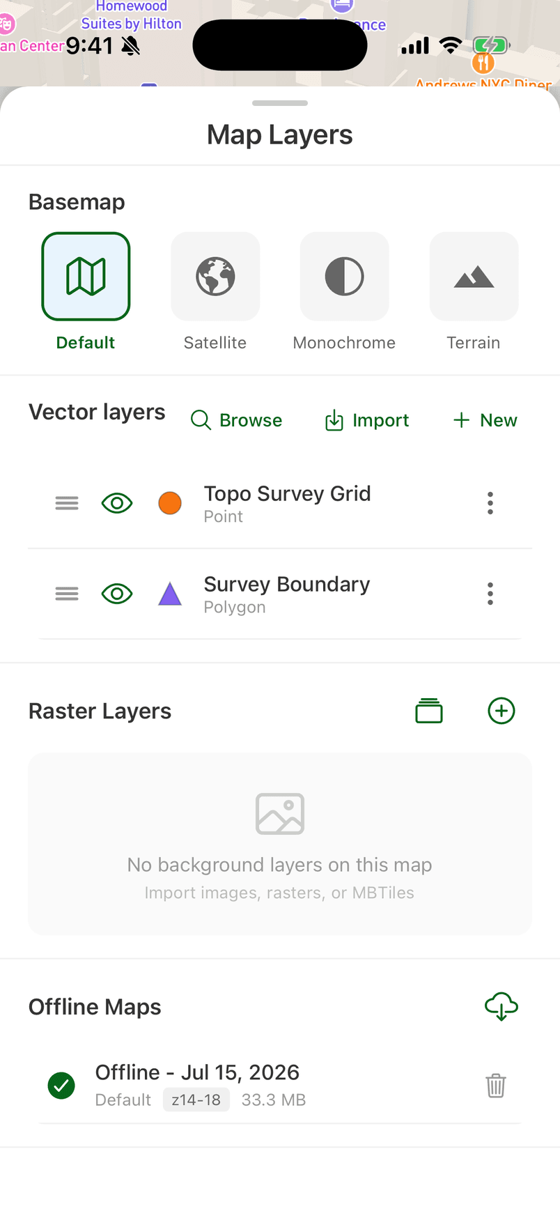 FastXY Map Layers panel with a downloaded offline basemap pack saved on-device (z14-18, 33 MB)